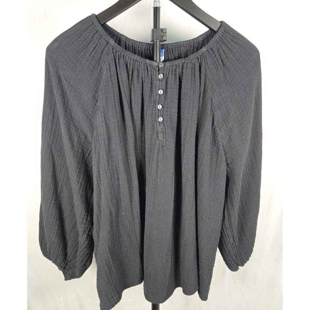 Old Navy 2X Black Cotton Crinkle Gauze Peasant Top Woven‎ Boho Henley Lagenlook